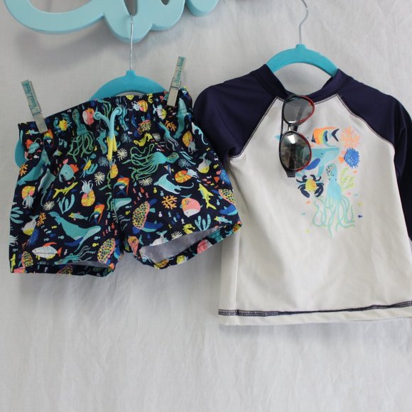 Cat & Jack Other - Set 💙 Cat & Jack Tropical Rash Guard Swim Shorts 12M Sunglasses
